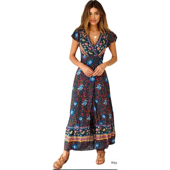 PRETTYGARDEN Floral Maxi Wrap Dress Size M 100% Cotton Boho Festival Mixed Print - Picture 1 of 11